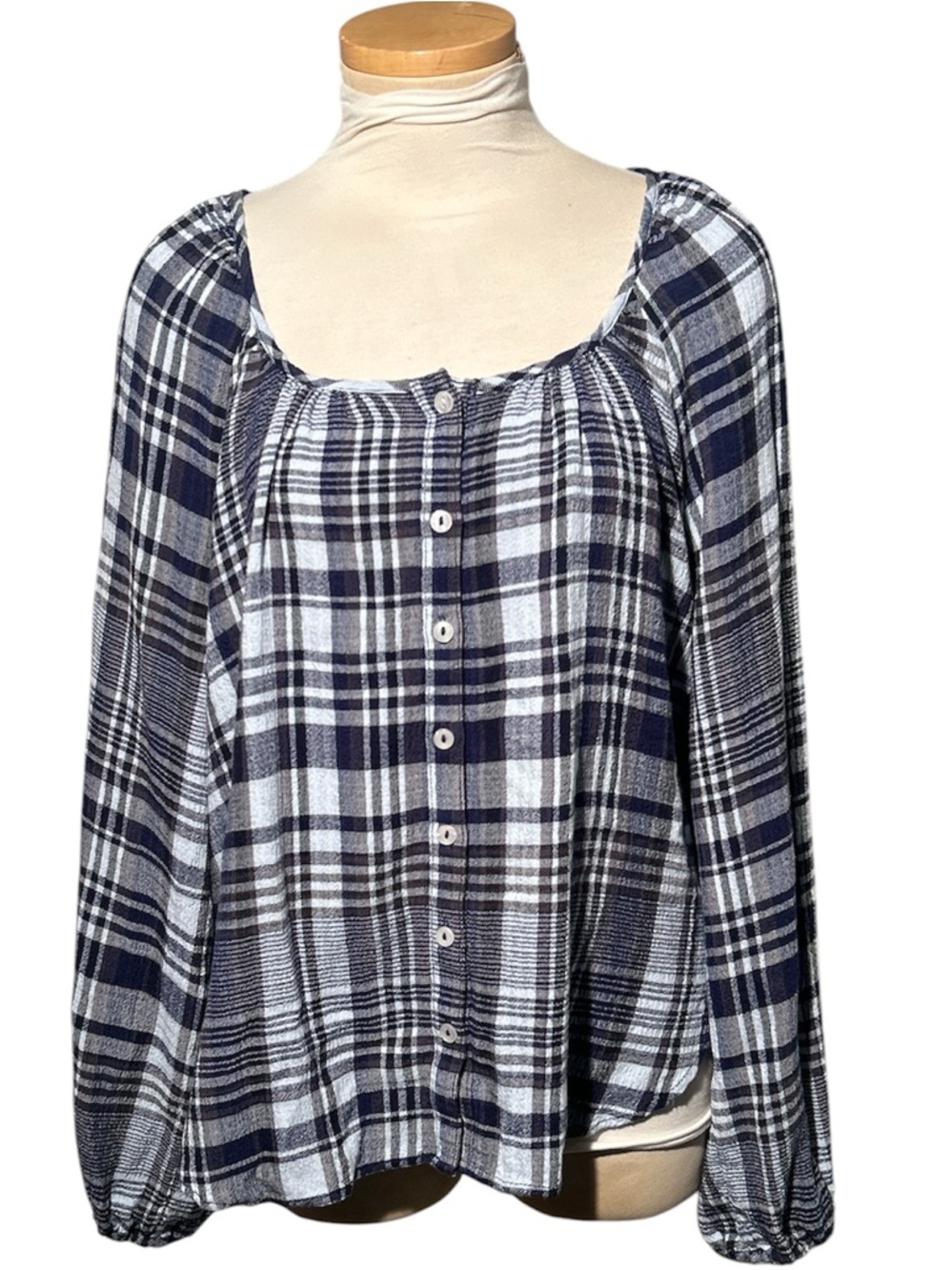 Anthrologie Pilcro Navy/White Plaid Button-Front Blouse Scoop Neckline Size L